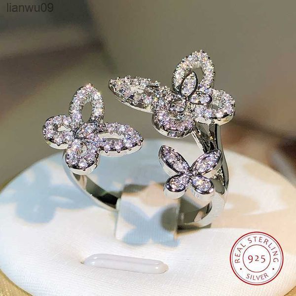 

925 silver korean new design fashion jewelry exquisite white zircon smart three butterfly opening female prom party ring l230704, Golden;silver