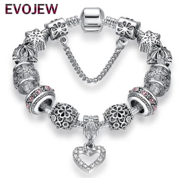 

fashion antique 925 silver bracelets bangles crystal heart charm beads bracelet for women diy original jewelry gift7594071, Golden;silver