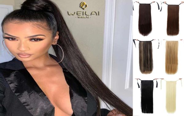 

weilai 22 32 long straight wrap around clip in ponytail hair extension heat resistant synthetic natural wave pony tail hair8632778, Black