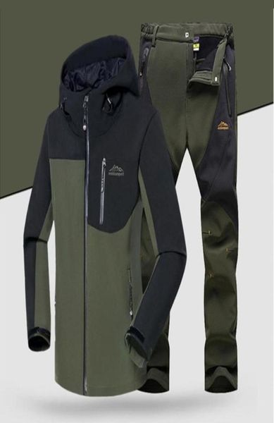 

men winter waterproof softshell jacket set fishing warm fleece hiking outdoor jackets coat set pants oversize trousers2410991, Blue;black