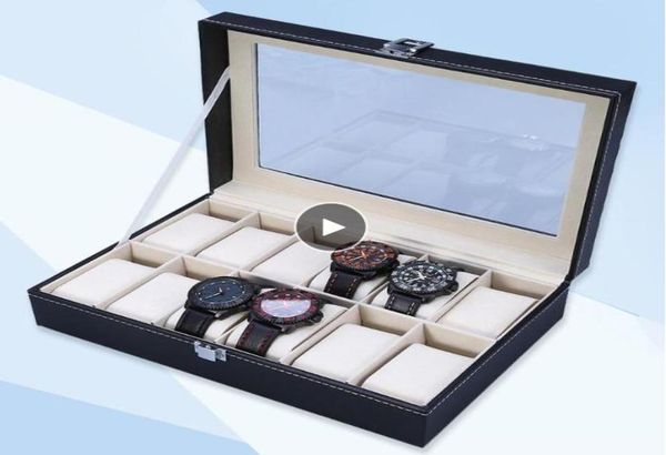 

fashion 12 grids pu leather watch boxes storage organizer box luxury jewelry ring display watch case black display case box6944295, Black;blue