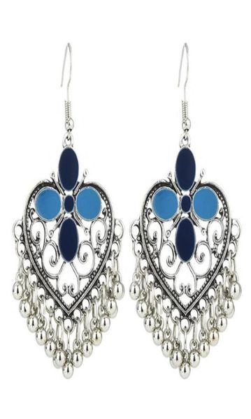 

women039s retro temperament heartshaped indian dangle earrings female ethnic hollow out metal ball tassel trend earring jhumka47863211333, Silver