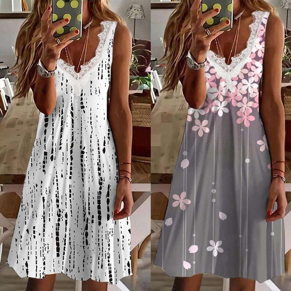 

summer lace v neck fashion printed sleeveless dress, Black;gray