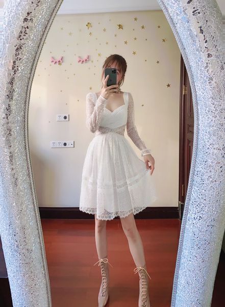 

new s-elf - portrait hollow out perspective water soluble lace white long sleeve dress, Black;gray
