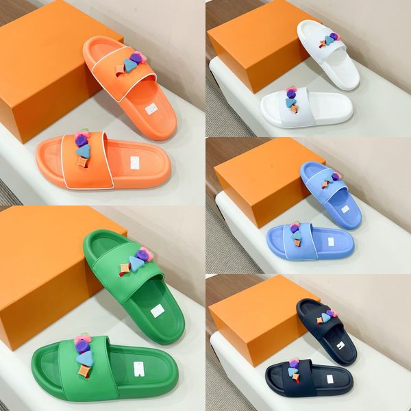 

2023 waterfront embossed slippers sandal monograms mule rubber slides beach pool sliders men women thick bottom water shoes diy flip flops p, Black