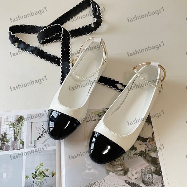 

designer womens dress shoes leather double color flats pearl camellia chain buckle single shoes dance ballet shoes loafers office shoe jeans, Black