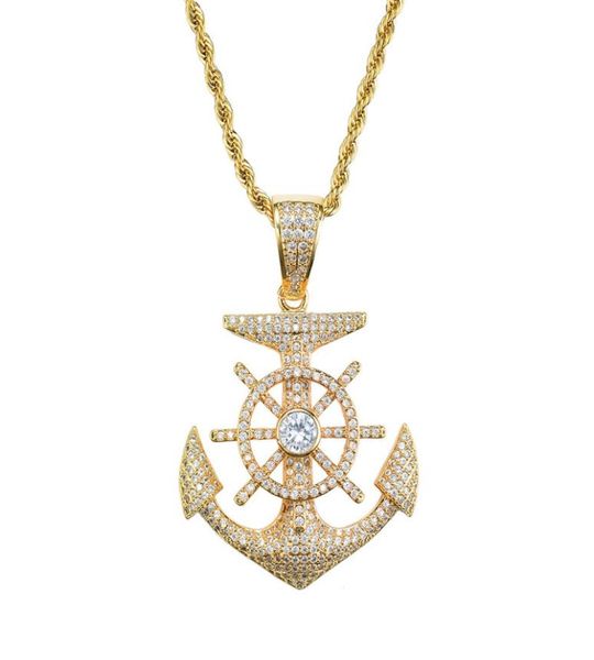 

boat anchor pendant necklace gold plated copper inlaid cubic zirconia pendant 60cm stainless steel chain men accessories5834768, Silver