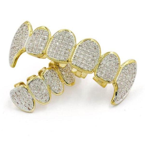 

hip hop grillz luxury glaring zircon micro pave dental grills fashion men women 18k gold plated teeth brace 2piece set whole9780885012950, Black