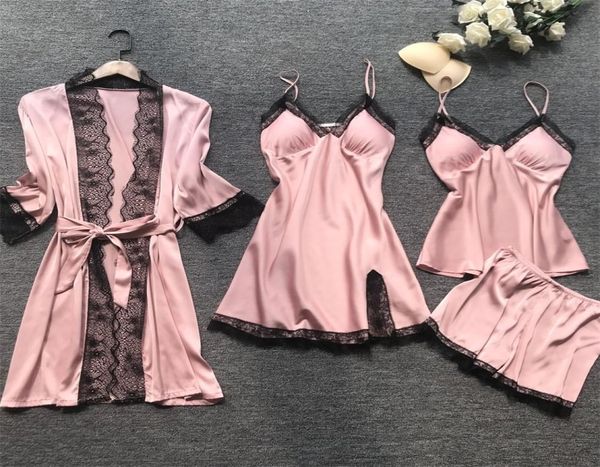 

qweek summer women pajama sets 4 pcs lace pyjamas women satin silk sleepwear elegant pijama with chest pads homewear y2004254965691, Black;red