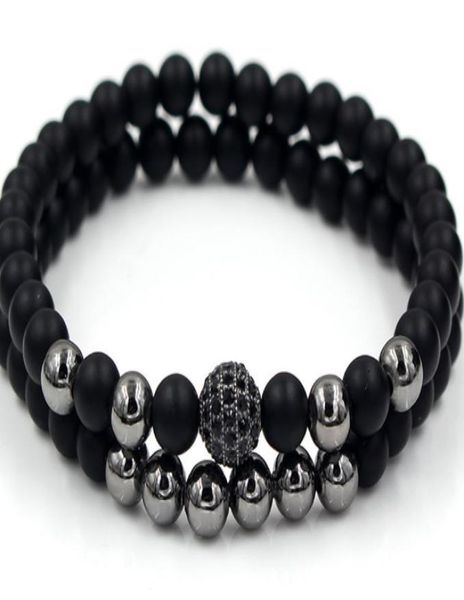

6mm 2pcslot yjh2 gold silver copper cz zircon cubic zirconia elastic adjusted charm nature stone frosted agate onyx bracelet9282388, Black
