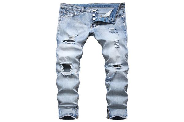 

men039s jeans fashion zip leggs ripped knee hole light blue skinny ripped destroyed stretch slim fit casual pants 33585376063