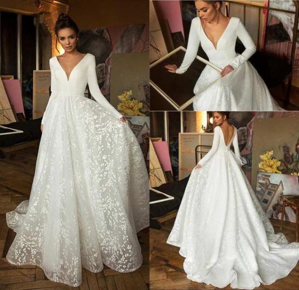 

boho beach white stain tulle a line wedding dress deep v neck bride wedding gown long sleeves backless bridal dress vestido d2010945