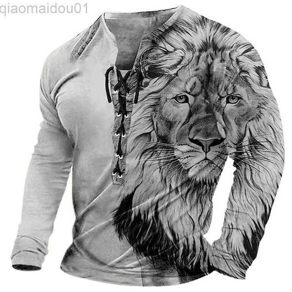 

men's t-shirts fashion lion print loose long sleeve t shirts men spring summer vintage drawstring tie-up v neck tees mens clothes casua, White;black