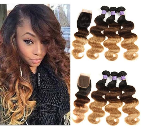 

ombre human hair bundles with closure 1b427 honey blonde three tone peruvian brazilian malaysian body wave ombre bundles with 4x2353228, Black;brown