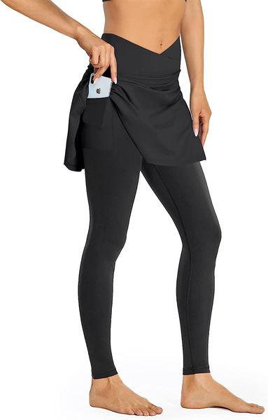 

v-shaped high waist yoga pants with skirt, skirted leggings for women, tennis & golf leggings with pocket