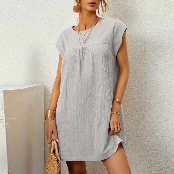 

dress summer short sleeve round neck solid color cotton and linen, Black;gray