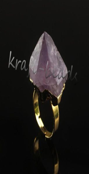 

whole 10pcs charms gold plated natural amethyst quartz crystal druzy gemstone random shape healing stone adjustable finger rin2855052, Golden;silver