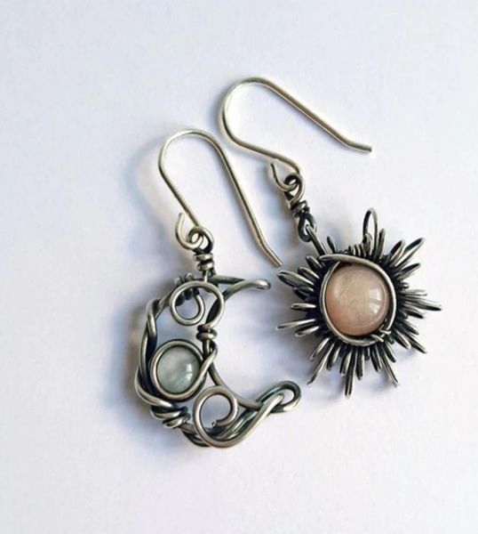 

bohemian wind retro sun moon earrings moonstone asymmetric dangle3744111, Silver