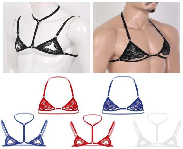 

mens erotic sissy lace lingerie halter neck nipple adjustable spaghetti straps wire unlined mini bra for man6903150, Red;black