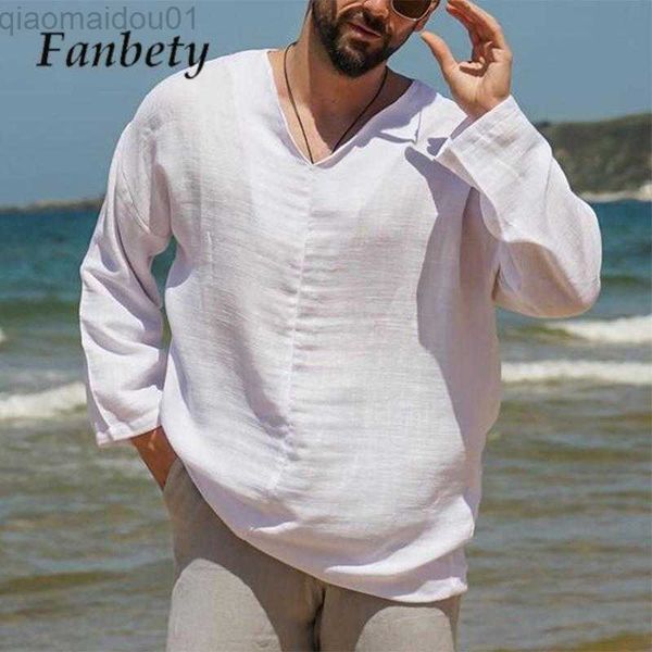 

men's t-shirts 2023 new linen men's summer v neck long sleeve beach style pullover simple casual solid color loose men's t-s, White;black