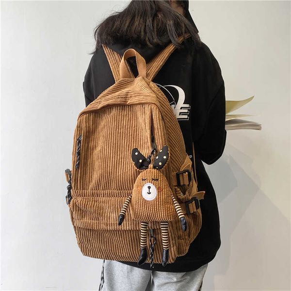 

corduroy schoolbag middle backpack and new pure color girl velvet backpack