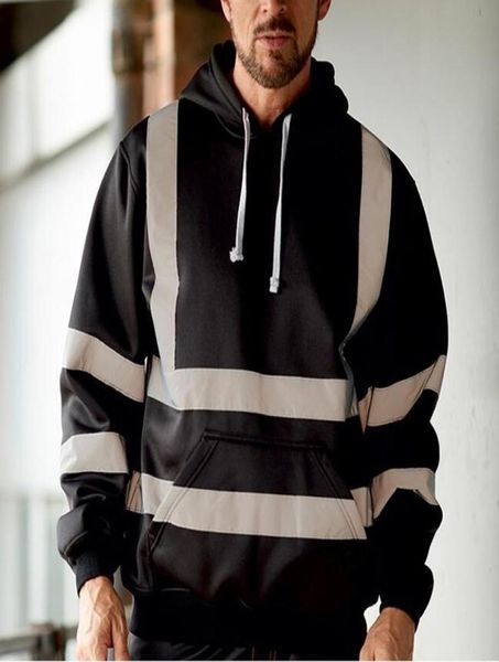 

men039s hoodies sweatshirts mens road work high visibility pullover long sleeve hooded sweatshirt hoody reflective zipper 058297, Black
