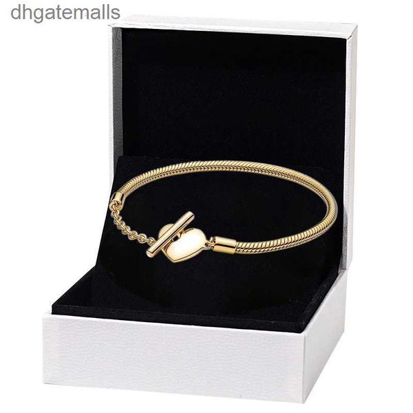 

Gold plated Heart T-Bar Snake Chain Bracelet for Pandora Real Silver Wedding designer Jewelry For Women Girlfriend Gift Hand chain Love Bracelets with Original Box