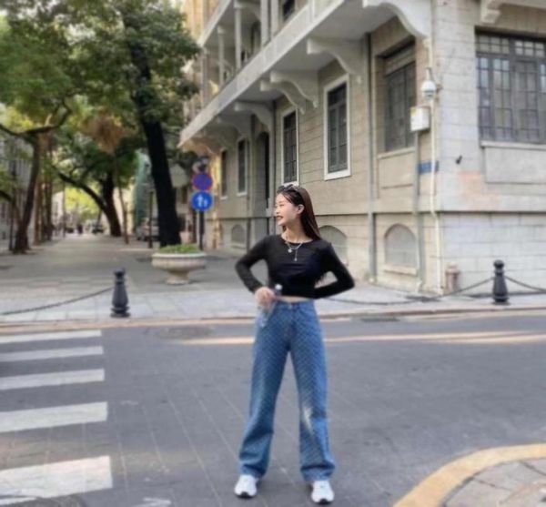 

2020 autumn new fullprint blue high waist jeans street hip hop loose straight wide leg pants denim trousers67232482664536