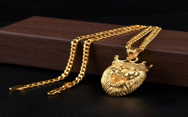 

micro lion king crown pendant necklace 5mm 70cm cuba chain necklace gold plated stainless steel mens hip hop jewelry4158081, Silver