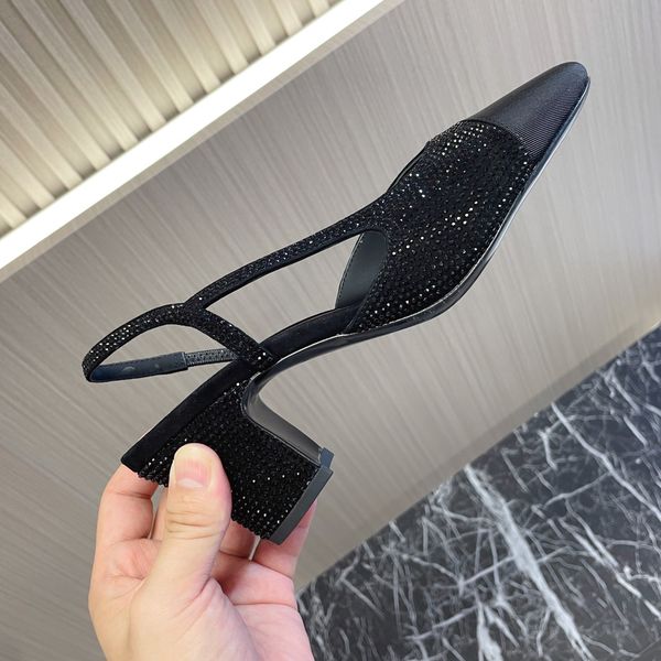 

designer dress shoes for women fashion rhinestone sheepskin slingbacks with colored crystal chunky heel sandals 6.5cm high heeled slippers 3, Black