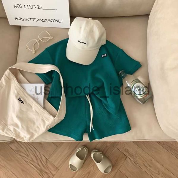 

t-shirts clothing sets summer fashion korean children's casual waffle short sleeve two piece set for kids boys girls casual set baby bo, Blue