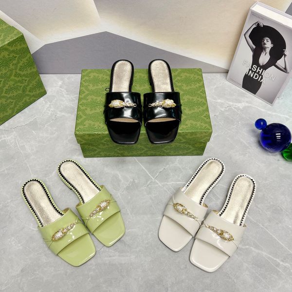 

leather sandal flats simple style comfortable sole slippers fashion upper with crystal factory model with box, Black
