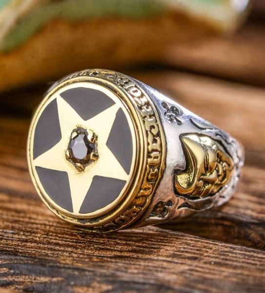 

solitaire ring 925 sterling silver inverted pentagram ring downwardpointing pentacle devil satan satanic jewelry fashion men ring 8169330, Golden;silver