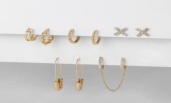 

hoop huggie fashion chain earrings set punk gold safety pin for woman crystal circle double piercing earring jewelry6399378, Golden;silver