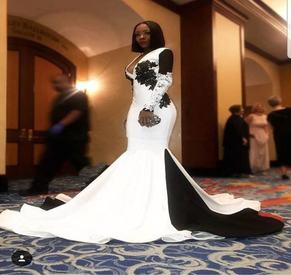 

white and black satin mermaid formal evening dresses deep v lace long sleeve prom dresses appliques beaded backless evening party 2334563, Black;red
