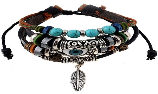 

handmade boho gypsy hippie vintage young punk brown leather feather metal charms evileye wrap adjustable layered bracelet3172898, Golden;silver