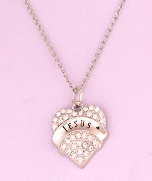 

letter jesus heart crystal charm pendant necklace link chain rhodium plated zinc for women men jewelry gifts necklaces9229524, Silver