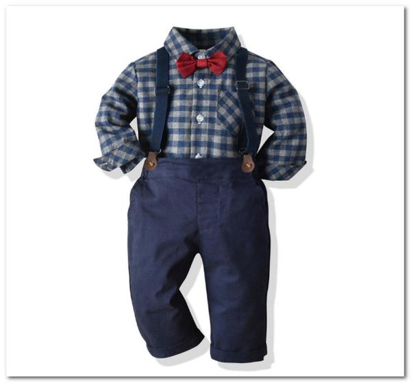 

kids performance outfits baby boys plaid lapel long sleeve shirtsuspender pantsbows tie 3pcs sets fall new family party clothes 6987326, White