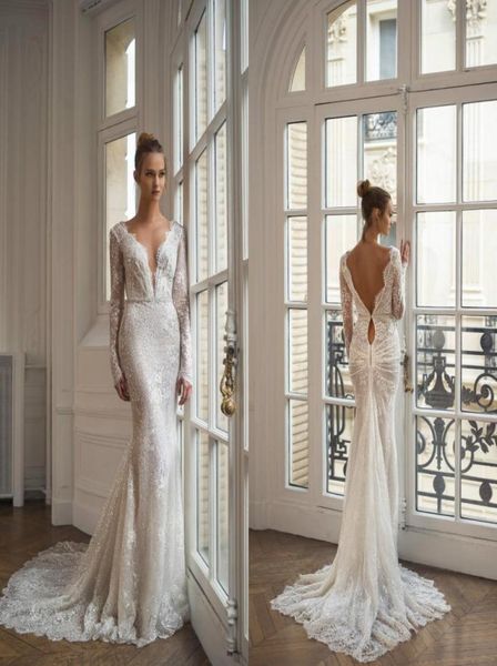 

2019 long sleeves mermaid wedding dresses deep v neck lace appliqued sequins backless wedding dress sweep train beach bridal 2288365, White