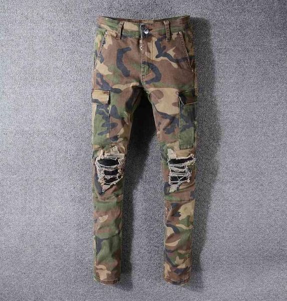 

536 high street fashion brand multi pocket amirs jeans patch camouflage hole elastic slim fit9974985, Blue