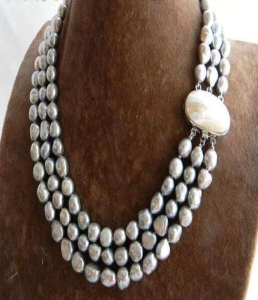 

3strands 18039039 9mm gray baroque freshwater pearl necklace2900969, Silver