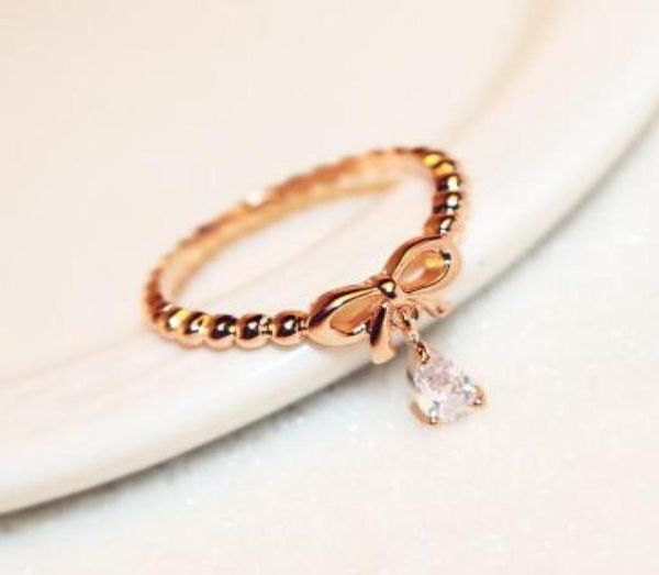 

korean women jewelry luxury water drop zircon rings rose gold plated bowknot charms fings for wedding party vintage finger rings j3666884, Silver