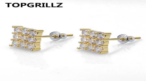 

rillz hip hop 3row cubic zircon square stud earrings men women jewelry gold silver color cz earring with screw back buckle1983533