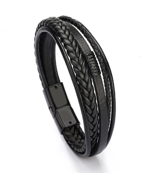 

bracelet men multilayer leather bangles magneticclasp cowhide braided multi layer wrap trendy bracelet armband hombre8895410, Black