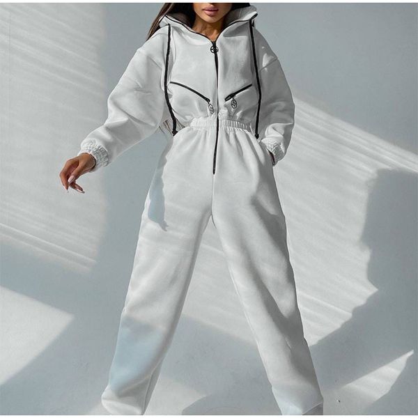 

casual women basic hoodie two piece sets zipper drawstring jacket outerwear and elastic pencil pant suit autumn winter tracksuit, White