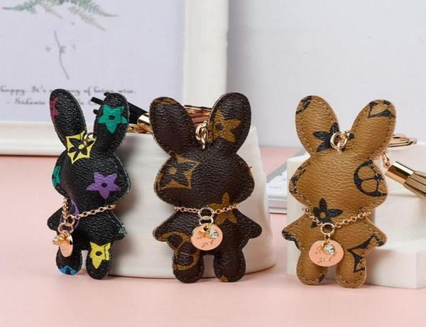 

rabbit bunny keychains rings women cute brown flower plaid pu leather car keyrings holder fashion design bag key chains jewelry ac7312148, Slivery;golden