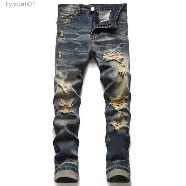 

amirs purple jeansdesigner mens jeans high street america for men embroidery oversize ripped patch hole denim 2023 new fashion streetwear sk, Blue