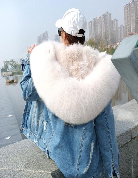 

maomaokong denim jacket natural fox fur lined jacket coat 2011138176148, Black