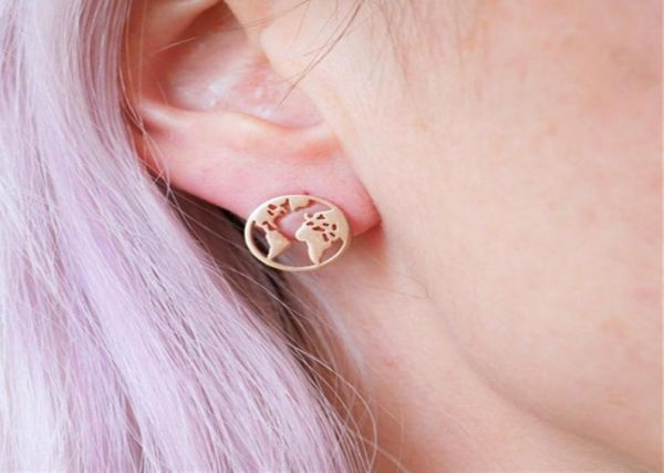 

gold silver world map stud earrings round hollow personalized for women girls globe traveler jewelry5534161, Golden;silver
