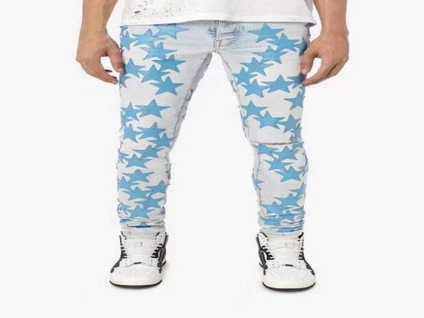 

falection mens 21ss amimike distressed blue leather stars patch ripped denim bluejeans3484595